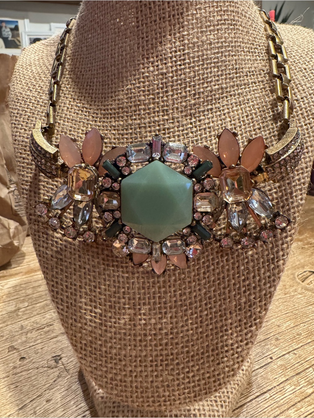 Vintage J Crew Statement Necklace with Mint Center and Pink Accents